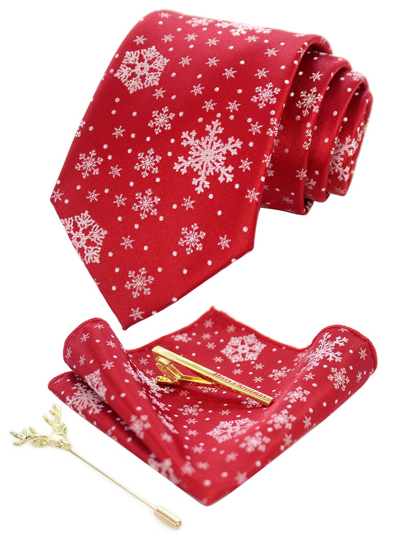 JEMYGINS Festival Silk Necktie Red Snowflake Christmas Tie and Pocket Square with Tie Clip and lapel pin Set(23) - Image 2
